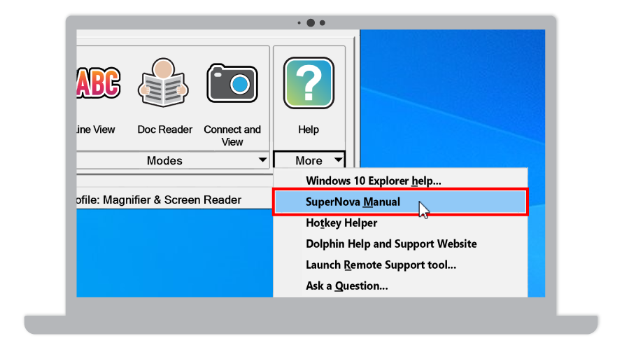 SuperNova help options displayed from the control panel.